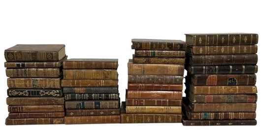 LOT OF 37 ANTIQUE FRENCH LEATHER-BOUND BOOKS