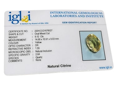 NATURAL CITRINE OVAL MIXED CUT 9.12 CTS IGLI CERT