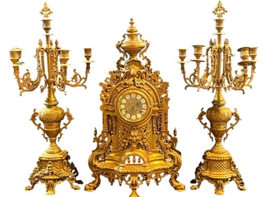 ROCOCO REVIVAL GILT SPELTER MANTEL GARNITURE