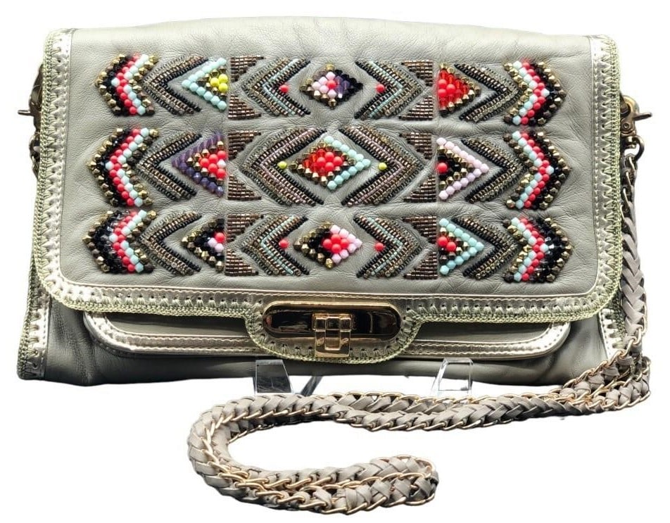 NEW!! BUBA HAND-BEADED GREY PURSE: - NEW BUBA HAND-BEADED GREY PURSE - WOVEN LEATHER STRAP - COMES WITH TAG By bidding on this item, you have read, understand, and agree to the terms and conditions of the auction. To schedule your pick