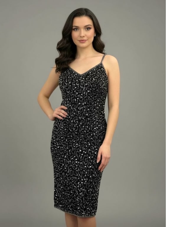 NWT DENISE ELLE BLACK SEQUIN COCKTAIL DRESS L: NEW WITH TAG DENISE ELLE BLACK SEQUIN COCKTAIL DRESS SIZE L -This elegant Denise Elle black sequin cocktail dress features an all-over hand-beaded and sequin swirl design, a flattering V-neckline, and