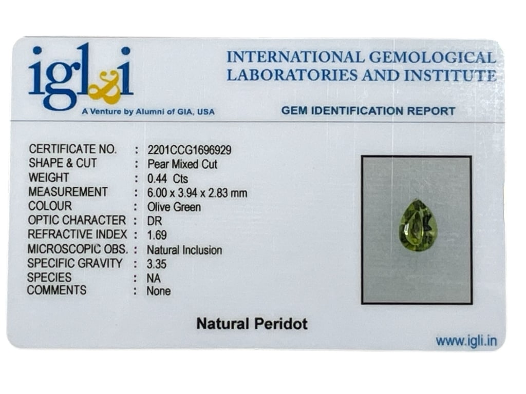 NATURAL PERIDOT – 0.44 CT WITH IGL&I GEM ID REPORT (1 of 2)