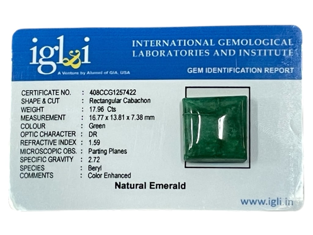 NATURAL EMERALD – 17.96 CT RECTANGULAR CABOCHON: NATURAL EMERALD – 17.96 CT RECTANGULAR CABOCHON WITH IGLI CERTIFICATION -Presented is a substantial Natural Emerald (Beryl) in a striking rectangular cabochon cut, weighing an impressive 17.96 carat