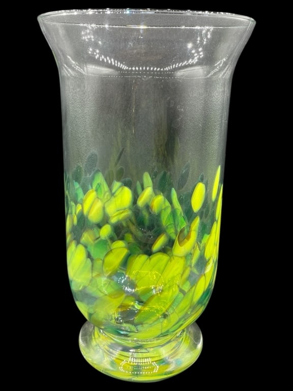 YELLOW AND GREEN ABSTRACT ART GLASS VASE 14": YELLOW AND GREEN ABSTRACT ART GLASS VASE 14" -Very good pre owned condition -Approx 14" x 7" -Vibrant and sculptural, this hand-blown art glass vase features a captivating blend of lime green and gold