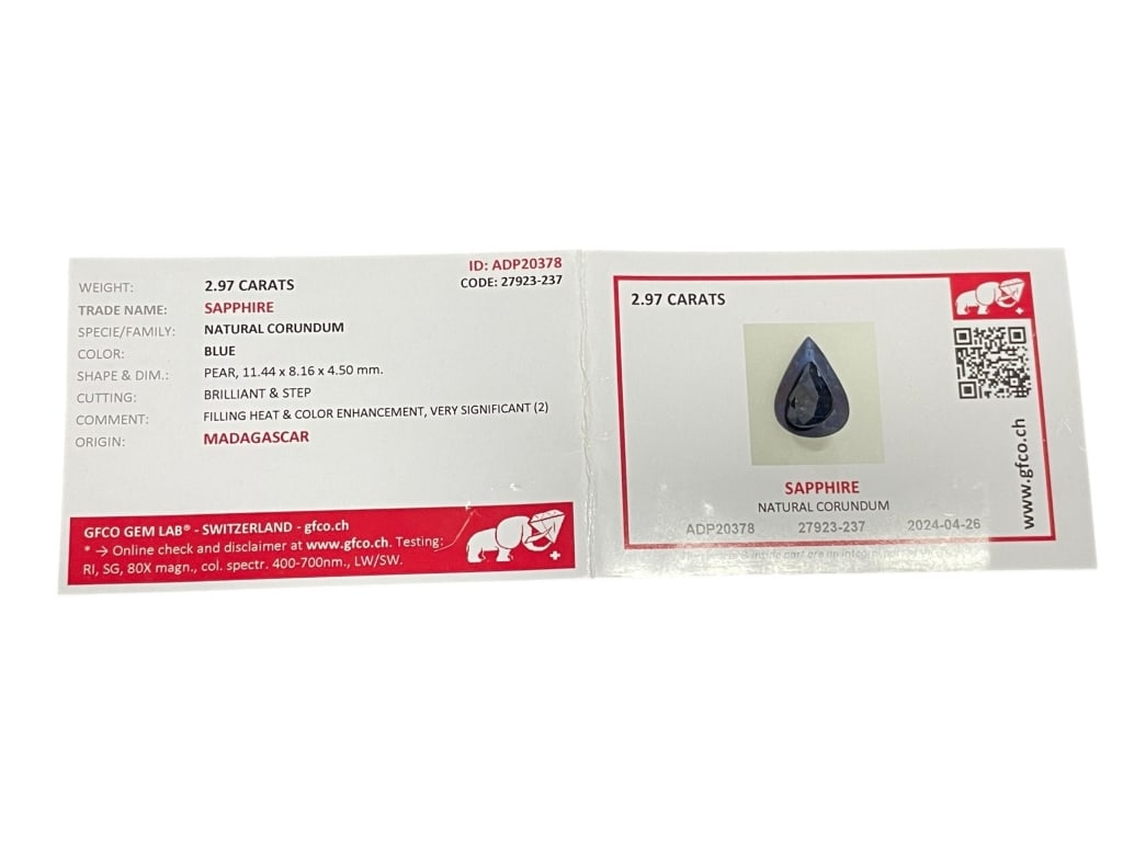 2.97 CARAT NATURAL BLUE SAPPHIRE – PEAR SHAPE: 2.97 CARAT NATURAL BLUE SAPPHIRE – PEAR SHAPE, GFCO CERTIFIED-A striking natural blue sapphire weighing approximately 2.97 carats, cut in an elegant pear shape with brilliant and step faceting that