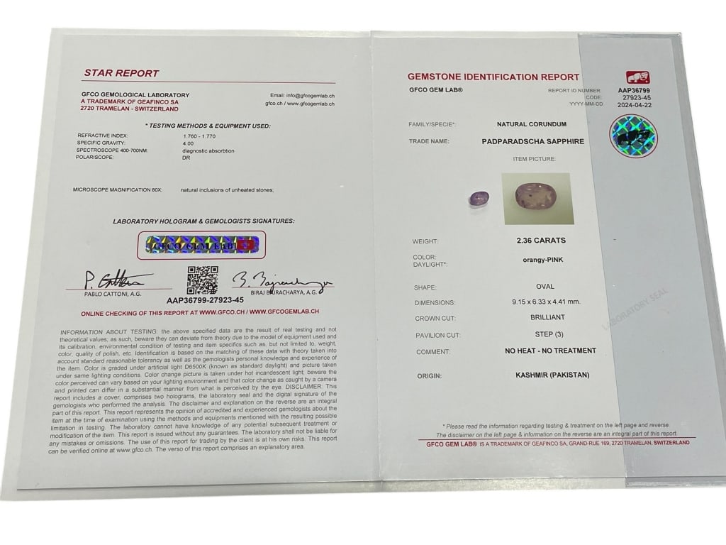 NATURAL PADPARADSCHA SAPPHIRE OVAL CUT 2.36 CTS: NATURAL PADPARADSCHA SAPPHIRE, OVAL CUT, 2.36 CARATS, GFCO GEM LAB CERTIFIED -This natural padparadscha sapphire weighs approximately 2.36 carats and displays an attractive orangy-pink hue characteris