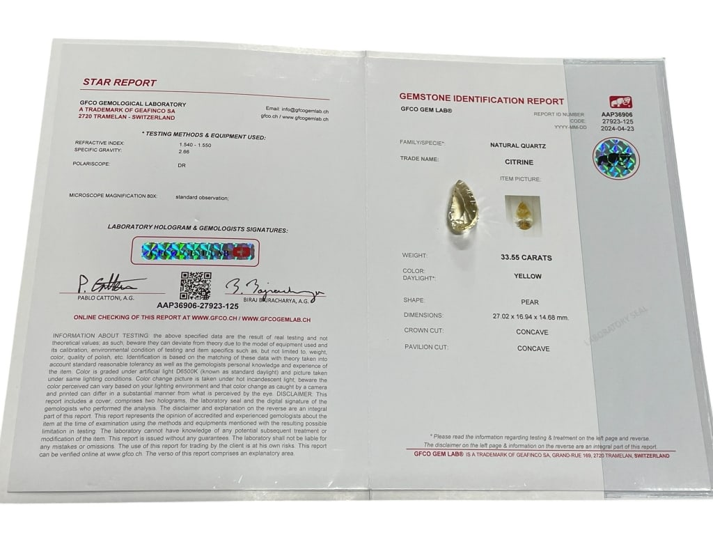 CITRINE QUARTZ PEAR-SHAPE GEMSTONE 33.55 CTS: NATURAL CITRINE QUARTZ PEAR-SHAPED CONCAVE CUT GEMSTONE, 33.55 CARATS, GFCO GEM LAB CERTIFIED -This striking natural citrine quartz gemstone weighs approximately 33.55 carats and is cut in an elegant