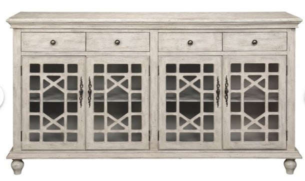 CHIPPENDALE STYLE CREDENZA WLATTICE GLASS DOORS: COAST TO COAST CHIPPENDALE STYLE CREDENZA WITH LATTICE GLASS DOORSElegant and highly functional credenza by Coast to Coast, showcasing classic Chippendale-inspired lattice-over-glass cabinet doors fra