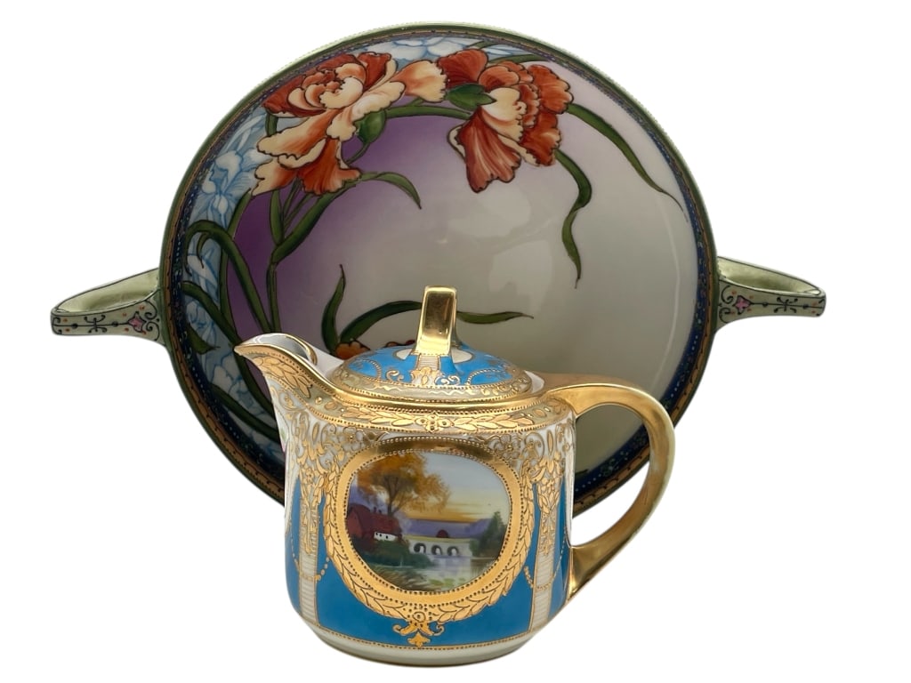 NIPPON PORCELAIN TWO-HANDLED BOWL & CREAMER (1 of 8)