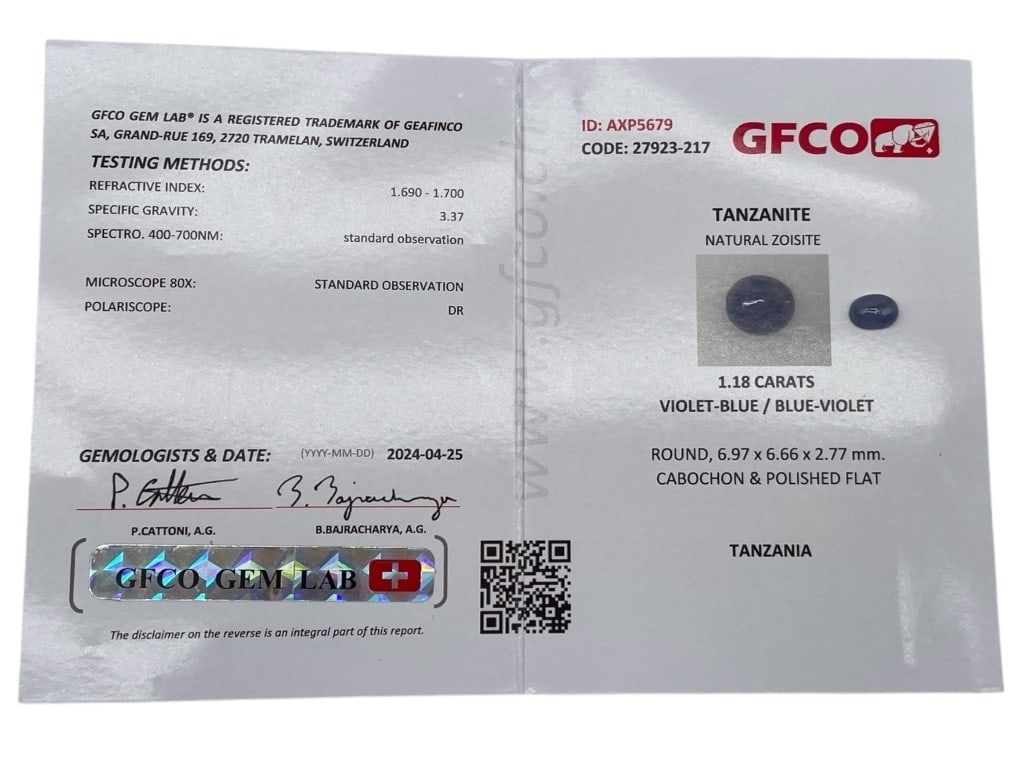 GFCO-CERTIFIED NATURAL TANZANITE CABOCHON 1.18 CTS (1 of 2)