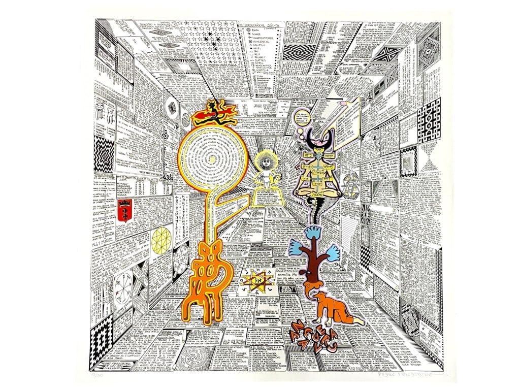 PEDRO FRIEDEBERG SURREALIST SERIGRAPH PRINT 29": PEDRO FRIEDEBERG SURREALIST SERIGRAPH PRINT – UNFRAMED -Original Pedro Friedeberg lithograph print featuring the artist’s signature architectural, symbolic, and text-heavy surrealist imagery with