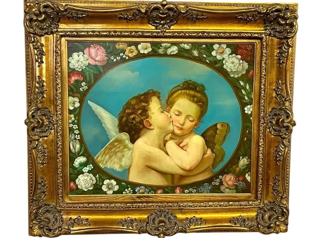 VINTAGE OIL PAINTING OF TWO CHERUBS 34": VINTAGE TIMELESS TREASURES OIL PAINTING OF TWO CHERUBSCharming vintage oil painting depicting two tender cherubs in an intimate, classical pose, rendered in soft romantic tones against a luminous blue