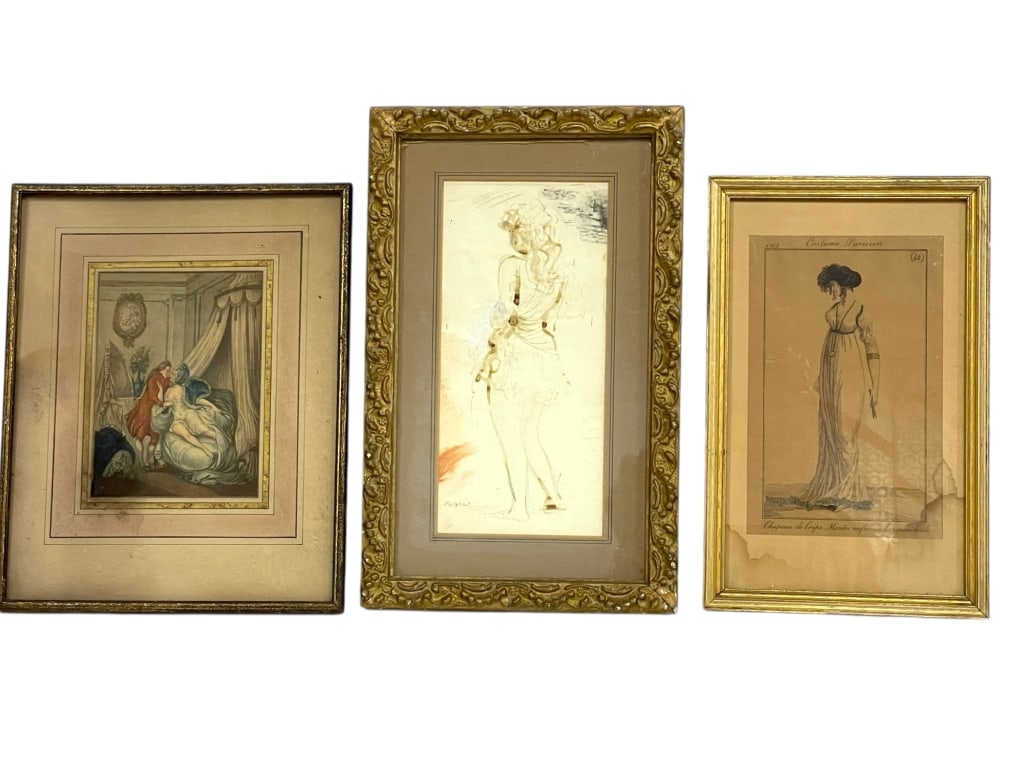3 ANTIQUE & VINTAGE  FIGURAL & INTERIOR PRINTS 12" (1 of 6)