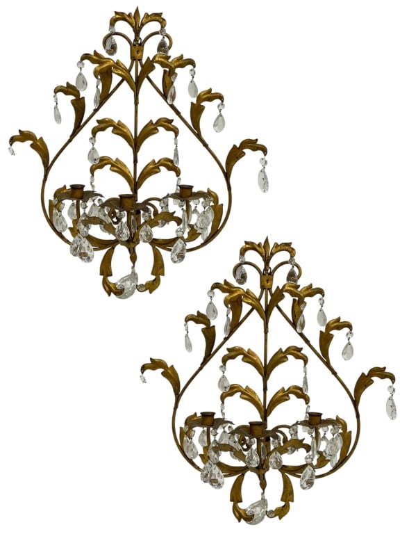 VINTAGE GILT METAL FLORAL CRYSTAL WALL SCONCES (1 of 7)