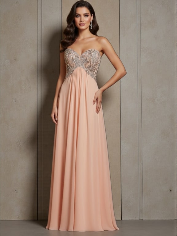 JUICY COUTURE STRAPLESS EMBELLISHED EVENING GOWN 0: JUICY COUTURE PEACH STRAPLESS EMBELLISHED EVENING GOWN – SIZE 0Elegant peach-tone strapless formal gown by Juicy Couture, featuring a softly pleated skirt and an ornate embellished bodice with decor