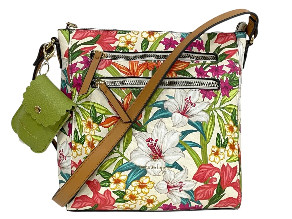 NANETTE LEPORE FLORAL PRINT CROSSBODY BAG: NANETTE LEPORE FLORAL PRINT CROSSBODY BAG WITH LEATHER TRIM & ACCESSORY POUCH -Very good pre owned condition -Approx 10"h x 9"w x 3"d -Fresh and feminine crossbody handbag by Nanette Lepore, featuring