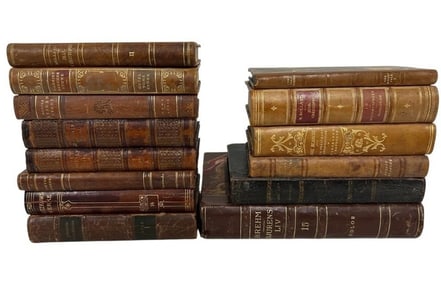 LOT OF 14 ANTIQUE LEATHER-BOUND EUROPEAN BOOKS 9"
