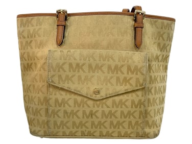 MICHAEL KORS TAN MK LOGO CANVAS TOTE