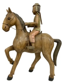 HAND CARVED FOLK ART RIDER ON HORSE 26"