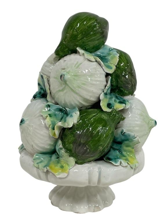 CERAMIC ONION & ARTICHOKE TOPIARY ON PEDESTAL 7": CERAMIC ONION & ARTICHOKE TOPIARY ON PEDESTAL 7" -Very good pre owned condition -Approx 7"h x 5"w -Ceramic fig topiary centerpiece, beautifully hand-painted in the Majolica style with vibrant shades o
