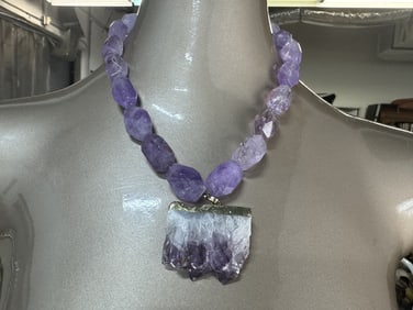 AMETHYST BEADED NECKLACE WITH RAW CRYSTAL