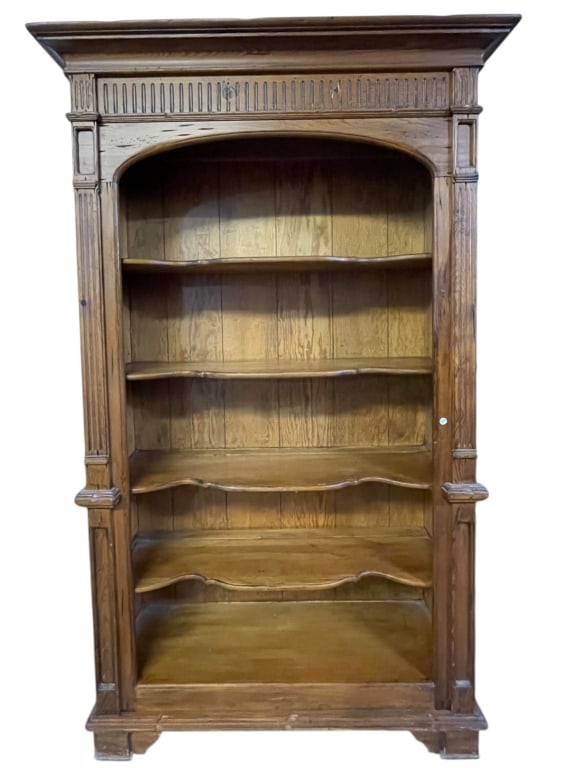 TALL TRADITIONAL WOOD BOOKCASE 80.5": TALL TRADITIONAL WOOD BOOKCASE WITH ARCHED TOP AND SCALLOPED SHELVES -Tall traditional wood bookcase featuring an arched open-front design with decorative carved detailing along the crown and sides. T