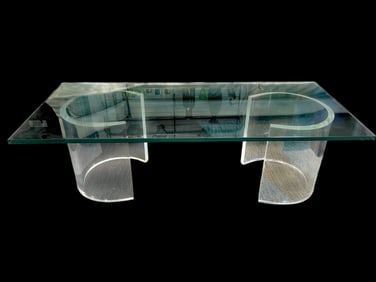 MID MOD LUCITE COFFEE TABLE WITH GLASS TOP 54"