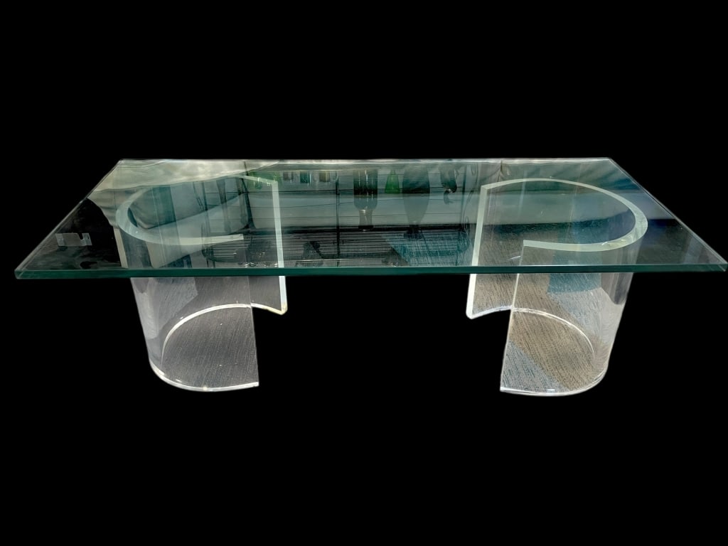 MID MOD LUCITE COFFEE TABLE WITH GLASS TOP 54" (1 of 8)