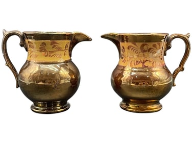 PAIR OF ANTIQUE ENGLISH COPPER LUSTREWARE CREAMERS