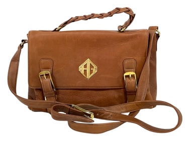 BROWN LEATHER MESSENGER-STYLE HANDBAG