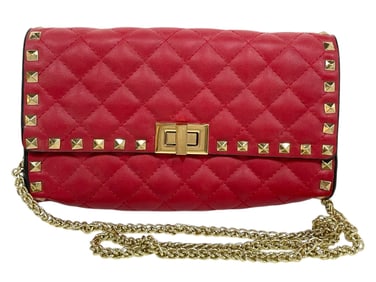 INZI QUILTED RED LEATHER STUDDED SHOULDER BAG