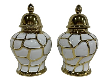 PAIR OF WHITE & GOLD CERAMIC GINGER JARS 12"