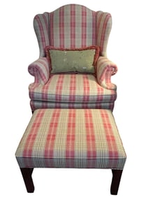SHERRILL FURNITURE PLAID WINGBACK CHAIR & OTTOMAN