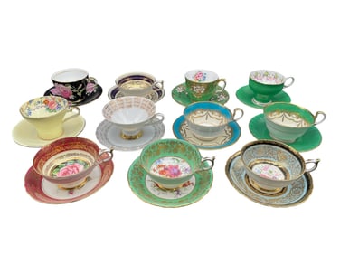 11 ASSORTED ENGLISH BONE CHINA TEACUPS & SAUCERS