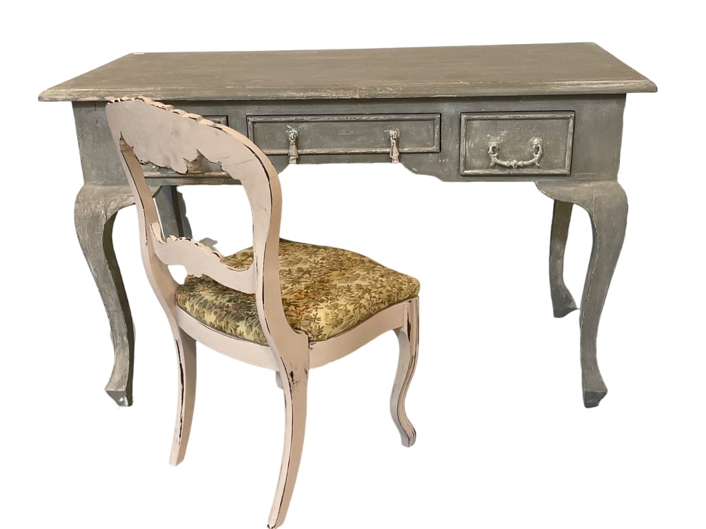DISTRESSED WRITING DESK W MATCHING CHAIR: DISTRESSED WRITING DESK WITH DRAWERS AND MATCHING CHAIR -Charming distressed writing desk finished in a gray-toned paint with carved cabriole legs and multiple drawers accented with decorative hardwar