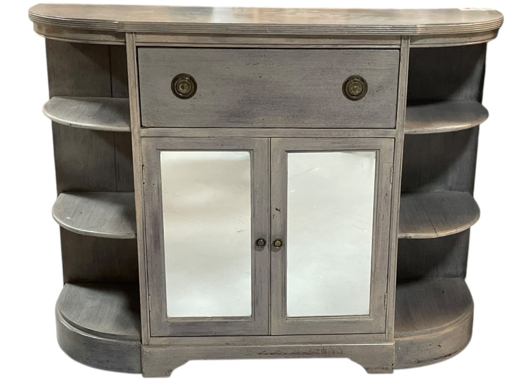 GRAY CONSOLE CABINET WITH MIRRORED DOORS (1 of 8)
