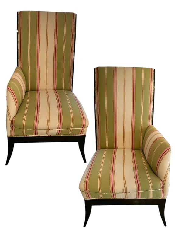 PAIR OF STRIPED HIGH BACK ACCENT CHAIRS: PAIR OF STRIPED HIGH BACK ACCENT CHAIRS | A stylish pair of upholstered high-back accent chairs, each featuring bold green, cream, and red striped fabric with a comfortable cushioned seat and a sleek