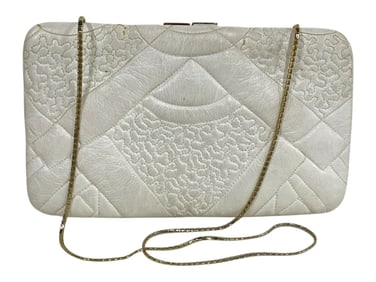 JUDITH LEIBER QUILTED IVORY LEATHER EVENING CLUTCH