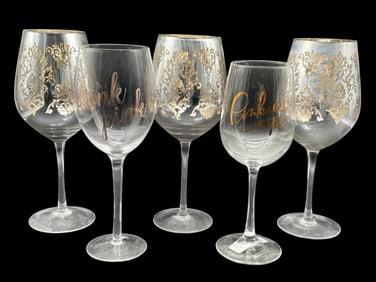 SET OF FIVE DECORATIVE WINE GLASSES