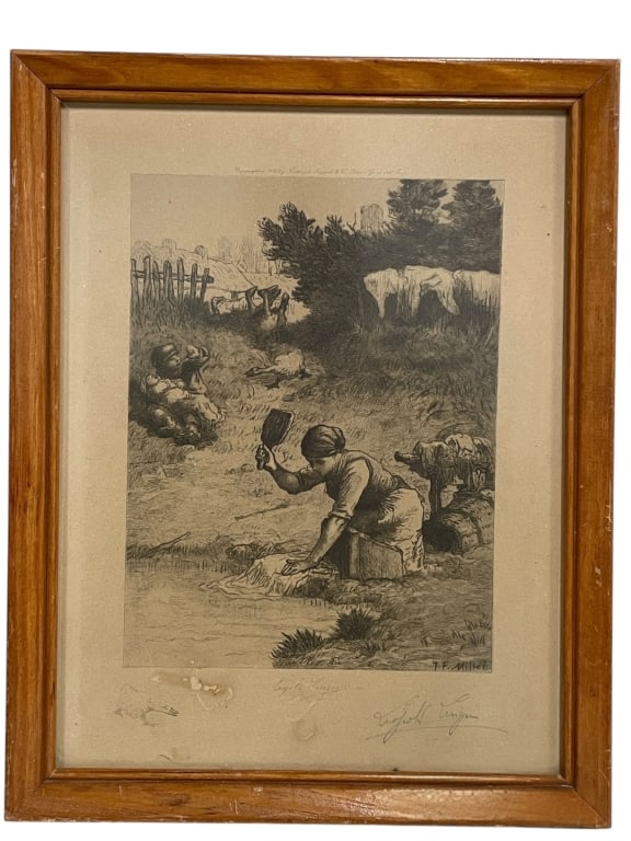 JEAN-FRANCOIS MILLET RURAL SCENE ETCHING 15": JEAN-FRANCOIS MILLET ETCHING, RURAL FIGURAL SCENE, 15" X 11" APPROX TO FRAME -Original etching after Jean-Francois Millet depicting a poignant rural genre scene of peasant labor, rendered with strong