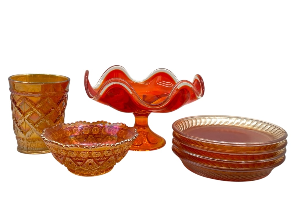 GROUP OF 7 ORANGE ART GLASS PIECES: GROUP OF 7 ORANGE ART GLASS PIECES -Very good pre owned condition -7 pieces -The pieces display rich honey-to-burnt-orange coloration with excellent light refraction and classic molded designs commonl