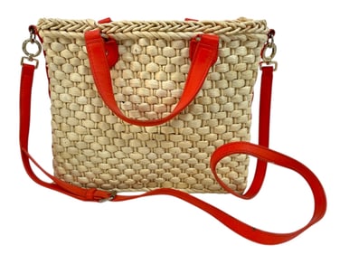 TALBOTS WOVEN STRAW TOTE HANDBAG W LEATHER STRAP