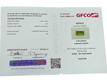 GFCO CERTIFIED 2.49 CARAT NATURAL PERIDOT