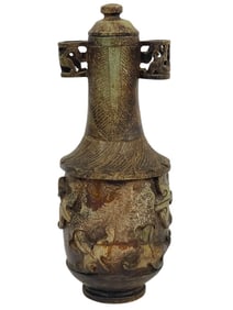 ARCHAIC CHINESE STYLE SOAPSTONE LIDDED VASE 13.5"