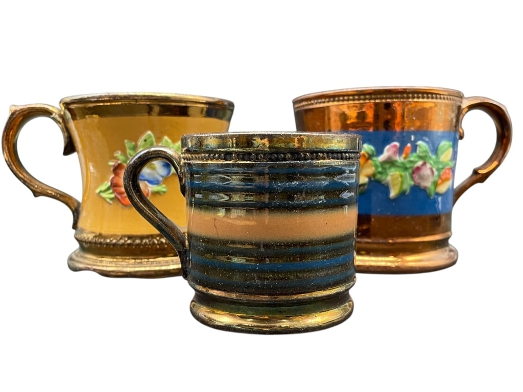 THREE ANTIQUE COPPER LUSTERWARE MUGS (1 of 10)