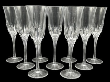 SET OF 9 CUT GLASS CHAMPAGNE FLUTES
