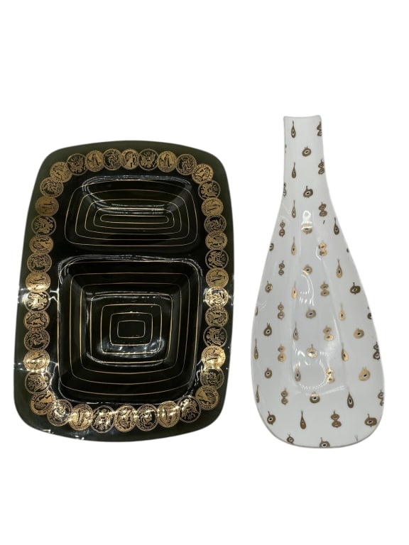 PAIR OF MID CENTURY STYLE SERVING PLATTERS: PAIR OF MID CENTURY STYLE SERVING PLATTERS -Good pre owned condition, see photos -Approx 15" and 16" long -Together, these pieces create a visually appealing contrast of form and color, ideal for deco