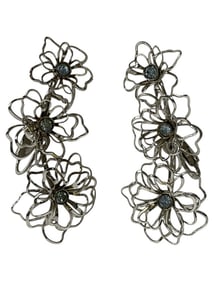 SILVERTONE FLORAL CLIP EARRINGS W BLUE RHINESTONES