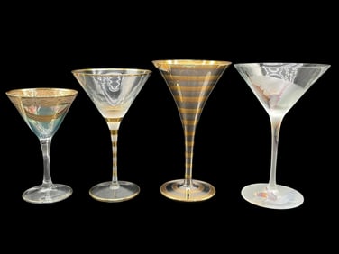 SET OF 4 ASSORTED GILT ART GLASS MARTINI GLASSES