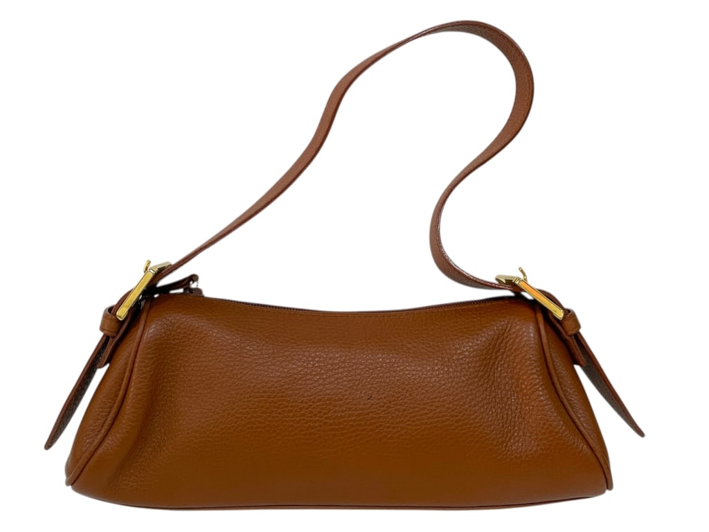 CLASSIC COGNAC BROWN LEATHER SHOULDER BAG: CLASSIC COGNAC BROWN LEATHER SHOULDER BAG MADE IN ITALY -Good pre owned condition, wear on inside (see photos) -Approx 4.5"h x 12"w -This elegant shoulder bag is crafted in supple cognac brown leather